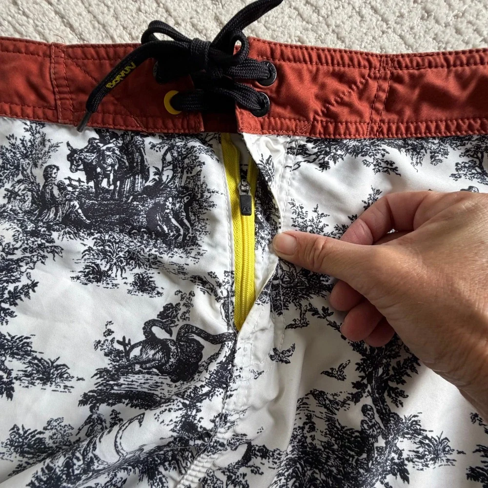 Analog Mens Board Shorts Toile Print Swim Trunks White Black Rust Size 36M Beach
